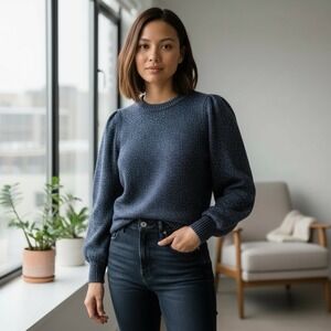 Banana Republic Navy Blue Sparkle Crew Neck Chunky Puff Sleeve Sweater Sz Small